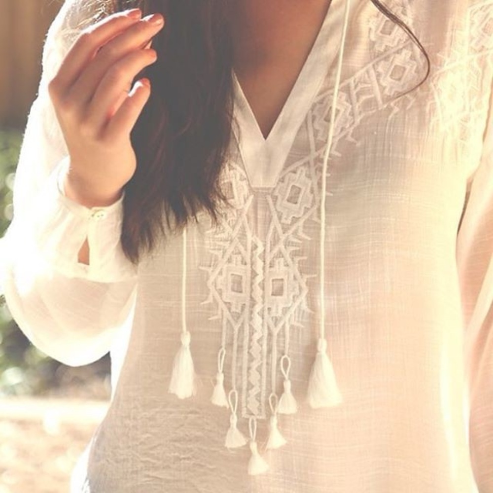 Lovestitch Festival White Embroidered Tassel V-Neck Women's Top